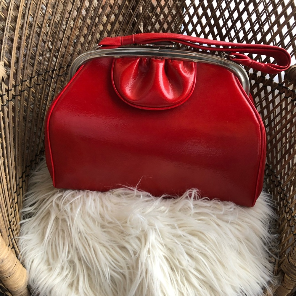 Vintage 1950’s 1960’s Red Vinyl Handbag Mid Century Retro Bag